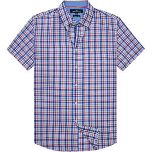 Alimens & Gentle Mens Plaid Short Sleeve Button Down Shirts Cotton Regular Fit Casual Gingham Shirts(Blue Red Plaid)