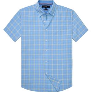 Alimens & Gentle Mens Plaid Short Sleeve Button Down Shirts Cotton Regular Fit Casual Gingham Shirts(Blue Yellow Plaid)