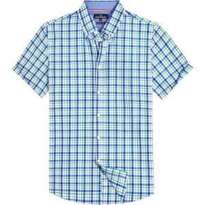 Alimens & Gentle Mens Plaid Short Sleeve Button Down Shirts Cotton Regular Fit Casual Gingham Shirts(Navy Green Check)