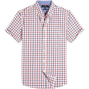 Alimens & Gentle Mens Plaid Short Sleeve Button Down Shirts Cotton Regular Fit Casual Gingham Shirts(Red Check)