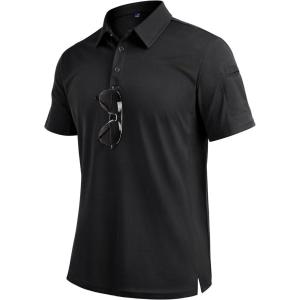 Alimens & Gentle Mens Polo Shirt Short Sleeve Tactical Dry Fit Golf Shirts Stretch Work Collared Tops Outdoor Sport Tennis(Black)