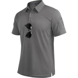 Alimens & Gentle Mens Polo Shirt Short Sleeve Tactical Dry Fit Golf Shirts Stretch Work Collared Tops Outdoor Sport Tennis(Grey)