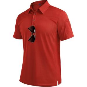 Alimens & Gentle Mens Polo Shirt Short Sleeve Tactical Dry Fit Golf Shirts Stretch Work Collared Tops Outdoor Sport Tennis(Red)