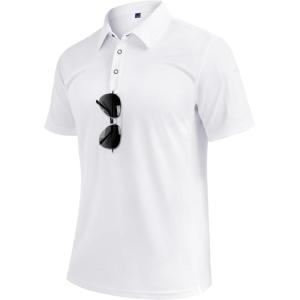 Alimens & Gentle Mens Polo Shirt Short Sleeve Tactical Dry Fit Golf Shirts Stretch Work Collared Tops Outdoor Sport Tennis(White)