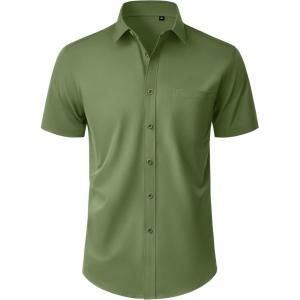 Alimens & Gentle Mens Short Sleeve Dress Shirt Wrinkle Free Wedding Business Casual Summer Button Down Shirt with Pocket(Army Green)
