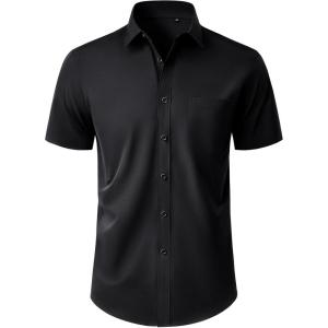 Alimens & Gentle Mens Short Sleeve Dress Shirt Wrinkle Free Wedding Business Casual Summer Button Down Shirt with Pocket(Black)