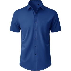 Alimens & Gentle Mens Short Sleeve Dress Shirt Wrinkle Free Wedding Business Casual Summer Button Down Shirt with Pocket(Blue)