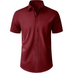 Alimens & Gentle Mens Short Sleeve Dress Shirt Wrinkle Free Wedding Business Casual Summer Button Down Shirt with Pocket(Burgundy)