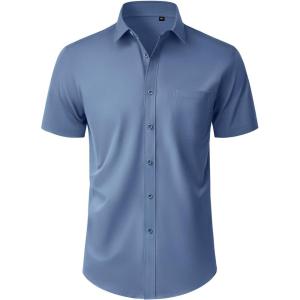 Alimens & Gentle Mens Short Sleeve Dress Shirt Wrinkle Free Wedding Business Casual Summer Button Down Shirt with Pocket(Dusty Blue)