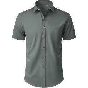 Alimens & Gentle Mens Short Sleeve Dress Shirt Wrinkle Free Wedding Business Casual Summer Button Down Shirt with Pocket(Grey)
