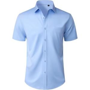 Alimens & Gentle Mens Short Sleeve Dress Shirt Wrinkle Free Wedding Business Casual Summer Button Down Shirt with Pocket(Light Blue)