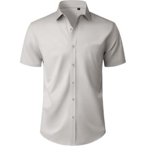 Alimens & Gentle Mens Short Sleeve Dress Shirt Wrinkle Free Wedding Business Casual Summer Button Down Shirt with Pocket(Light Grey)