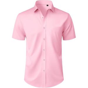 Alimens & Gentle Mens Short Sleeve Dress Shirt Wrinkle Free Wedding Business Casual Summer Button Down Shirt with Pocket(Pink)