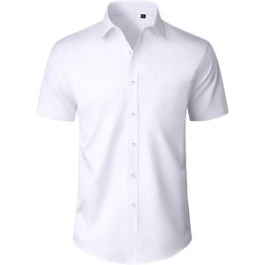 Alimens & Gentle Mens Short Sleeve Dress Shirt Wrinkle Free Wedding Business Casual Summer Button Down Shirt with Pocket(White)