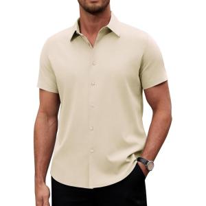 Alimens & Gentle Men’s Short Sleeve Dress Shirts Stretch Regular Fit Shirt Casual Button Down Business Shirts(Beige)