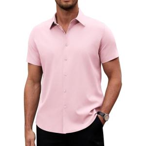 Alimens & Gentle Men’s Short Sleeve Dress Shirts Stretch Regular Fit Shirt Casual Button Down Business Shirts(Pink)