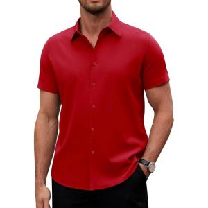 Alimens & Gentle Men’s Short Sleeve Dress Shirts Stretch Regular Fit Shirt Casual Button Down Business Shirts(Red)