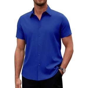Alimens & Gentle Men’s Short Sleeve Dress Shirts Stretch Regular Fit Shirt Casual Button Down Business Shirts(Royal Blue)