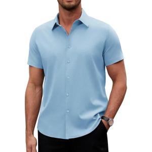 Alimens & Gentle Men’s Short Sleeve Dress Shirts Stretch Regular Fit Shirt Casual Button Down Business Shirts(Sky Blue)