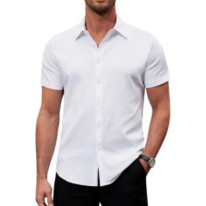 Alimens & Gentle Men’s Short Sleeve Dress Shirts Stretch Regular Fit Shirt Casual Button Down Business Shirts(White)