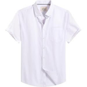 Alimens & Gentle Men’s Short Sleeve Oxford Shirt Regular Fit Button Down Collar Shirts with Pocket(All White)