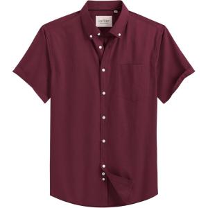 Alimens & Gentle Men’s Short Sleeve Oxford Shirt Regular Fit Button Down Collar Shirts with Pocket(Burgundy)