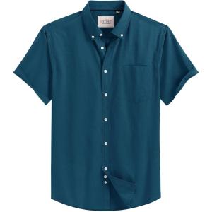 Alimens & Gentle Men’s Short Sleeve Oxford Shirt Regular Fit Button Down Collar Shirts with Pocket(Peacock Blue)