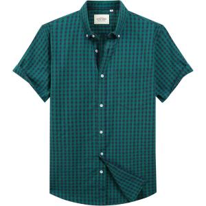 Alimens & Gentle Men’s Short Sleeve Oxford Shirt Regular Fit Button Down Collar Shirts with Pocket(Plaid Dark Green)