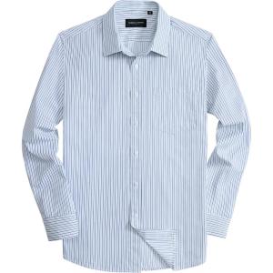 Alimens & Gentle Men’s Striped Dress Shirt Button Down Regular Fit Shirts Casual Business Transitional Weather(Dark Blue Stripe)
