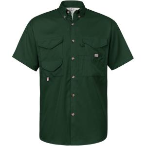 Alimens & Gentle Short Sleeve Fishing Shirt Wicking Fabric Sun Protection Casual Button Down Shirts(Dark Green)