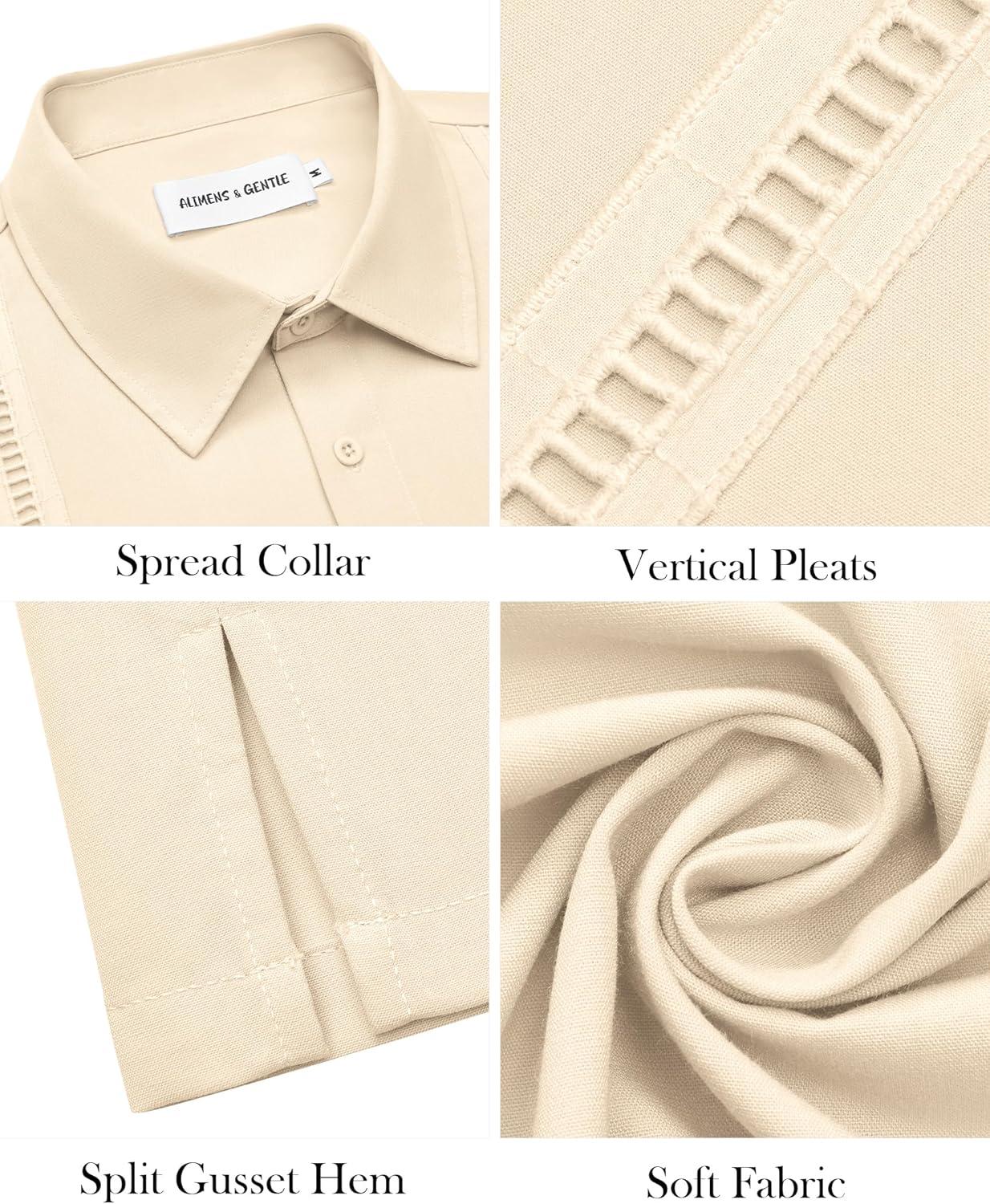 imageAlimens amp Gentle Mens Cuban Guayabera Shirt Short Sleeve Untucked Soild Button Down Shirts Beach Wedding Causal Vacation TopsBeige