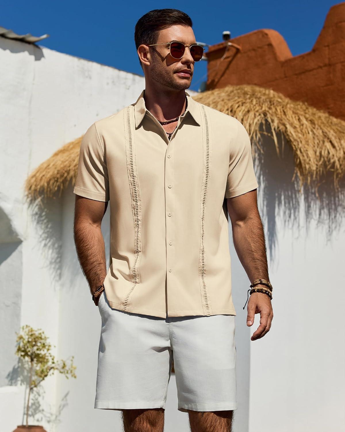 imageAlimens amp Gentle Mens Cuban Guayabera Shirt Short Sleeve Untucked Soild Button Down Shirts Beach Wedding Causal Vacation TopsBeige