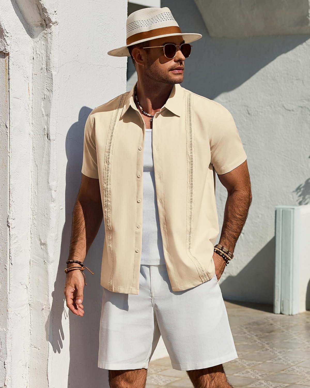 imageAlimens amp Gentle Mens Cuban Guayabera Shirt Short Sleeve Untucked Soild Button Down Shirts Beach Wedding Causal Vacation TopsBeige