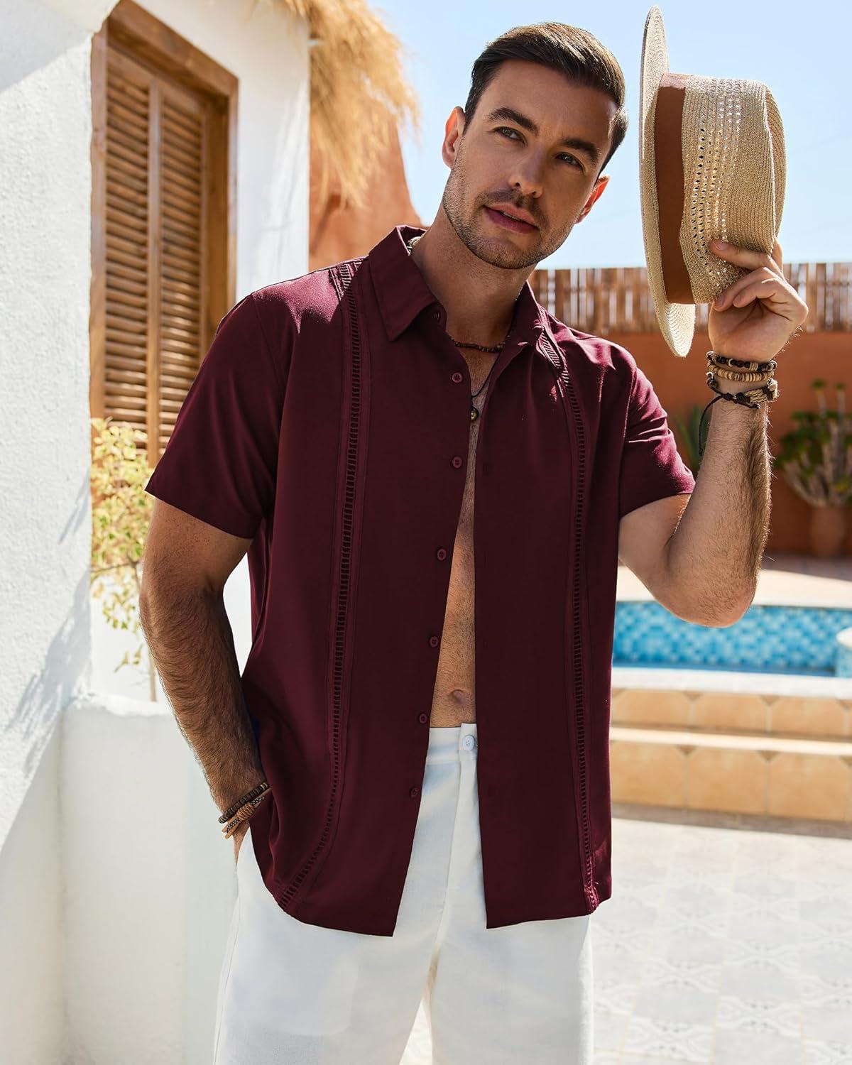 imageAlimens amp Gentle Mens Cuban Guayabera Shirt Short Sleeve Untucked Soild Button Down Shirts Beach Wedding Causal Vacation TopsBurgundy
