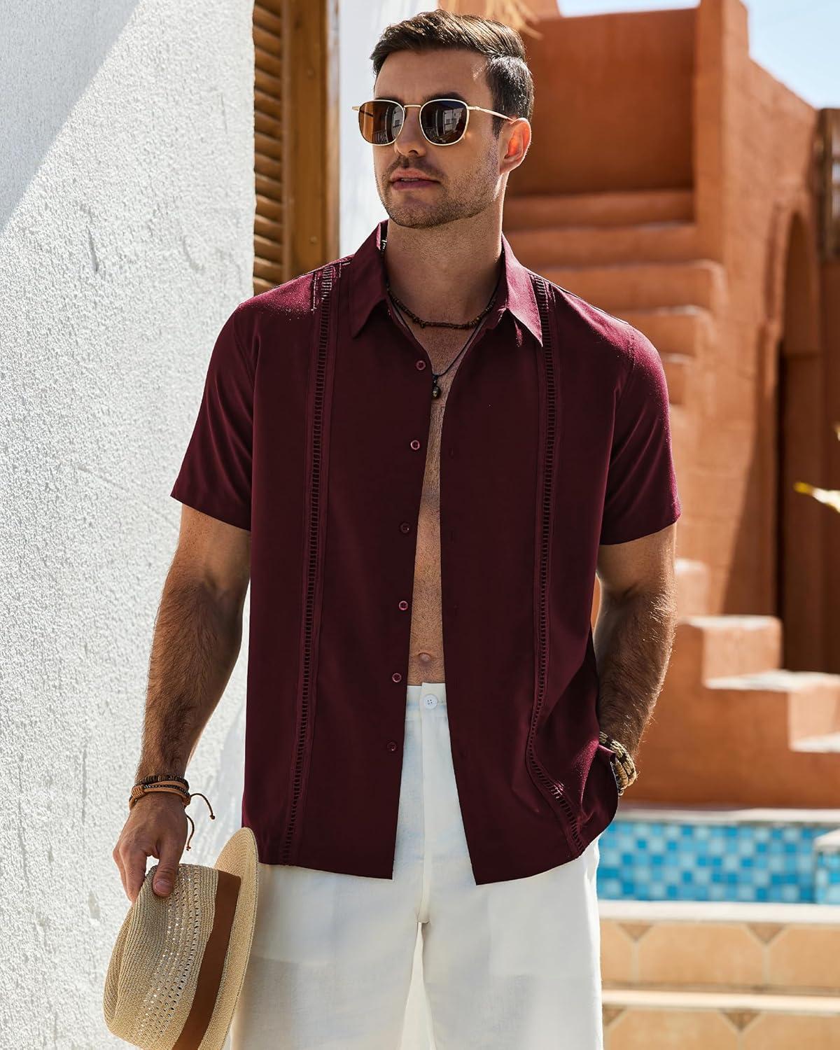 imageAlimens amp Gentle Mens Cuban Guayabera Shirt Short Sleeve Untucked Soild Button Down Shirts Beach Wedding Causal Vacation TopsBurgundy