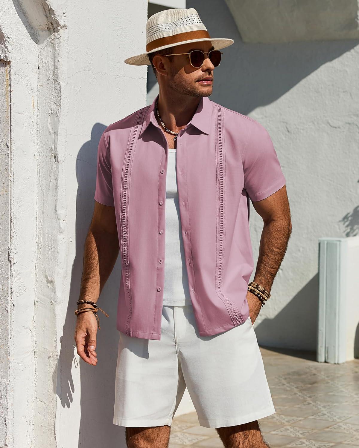 imageAlimens amp Gentle Mens Cuban Guayabera Shirt Short Sleeve Untucked Soild Button Down Shirts Beach Wedding Causal Vacation TopsCoral Pink