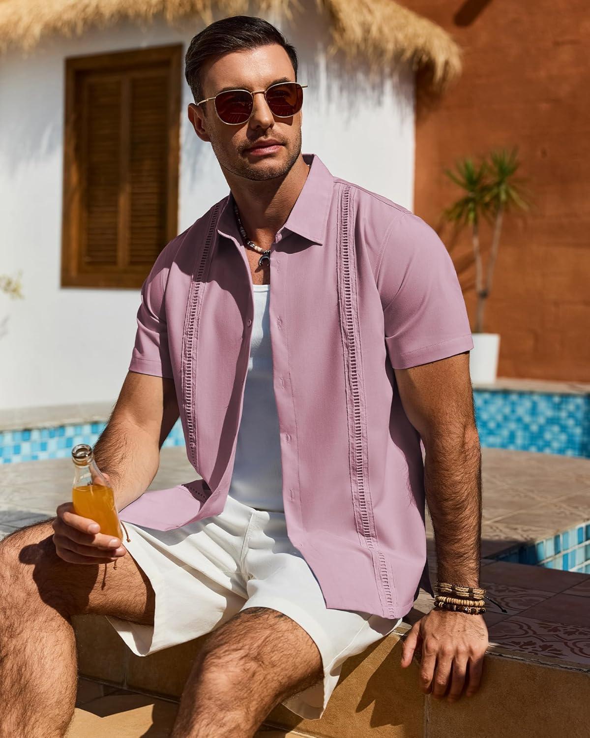 imageAlimens amp Gentle Mens Cuban Guayabera Shirt Short Sleeve Untucked Soild Button Down Shirts Beach Wedding Causal Vacation TopsCoral Pink