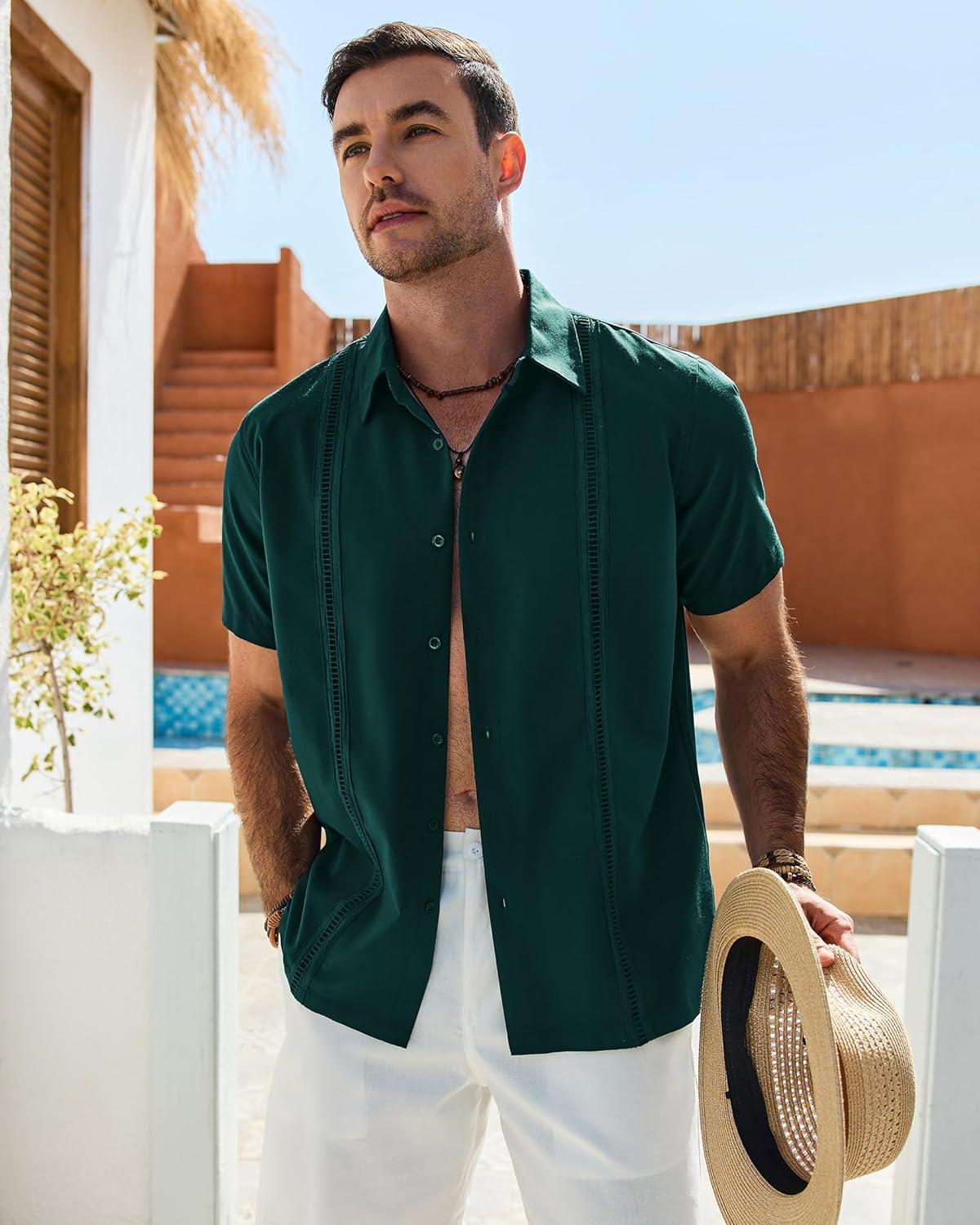 imageAlimens amp Gentle Mens Cuban Guayabera Shirt Short Sleeve Untucked Soild Button Down Shirts Beach Wedding Causal Vacation TopsDark Green