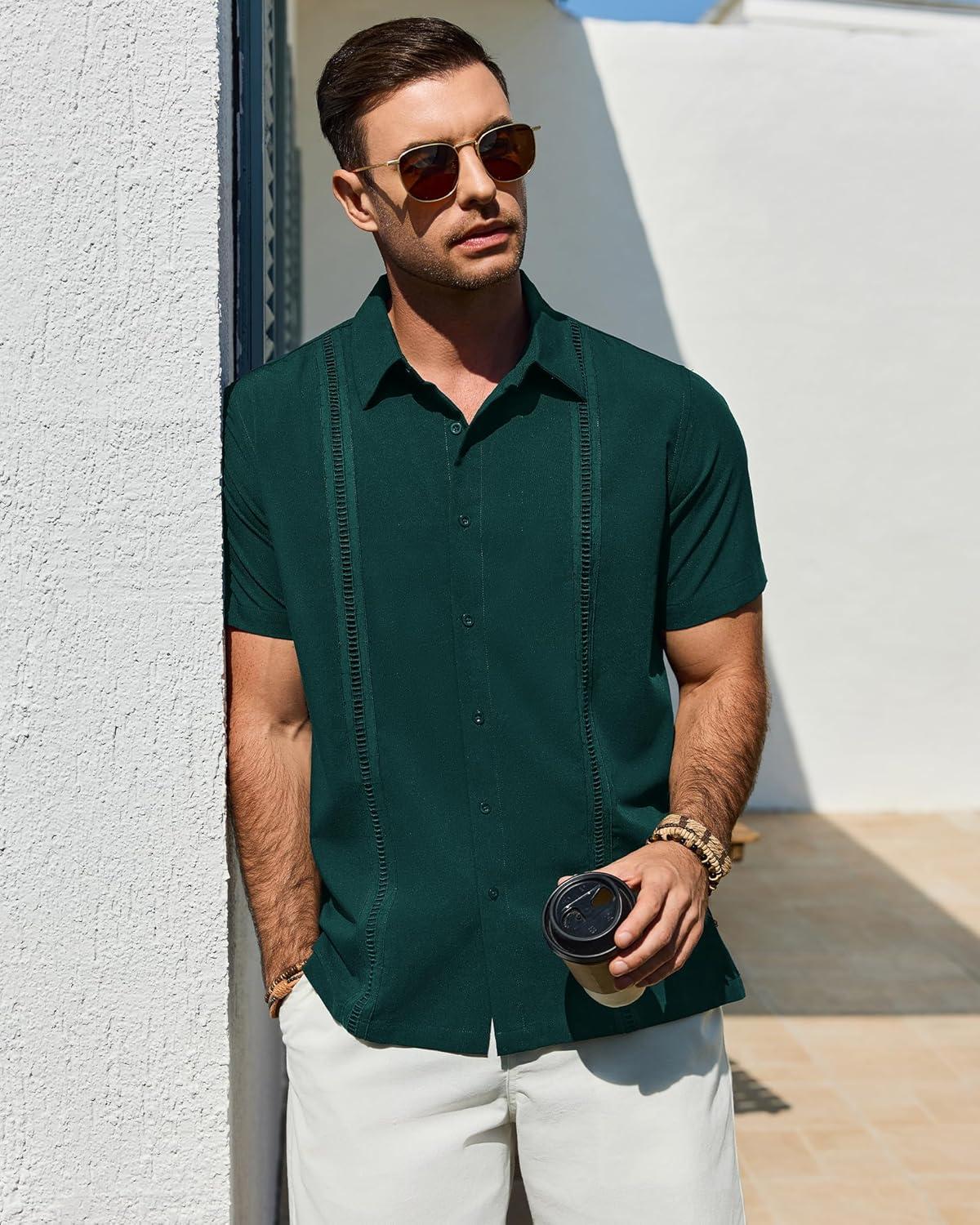 imageAlimens amp Gentle Mens Cuban Guayabera Shirt Short Sleeve Untucked Soild Button Down Shirts Beach Wedding Causal Vacation TopsDark Green