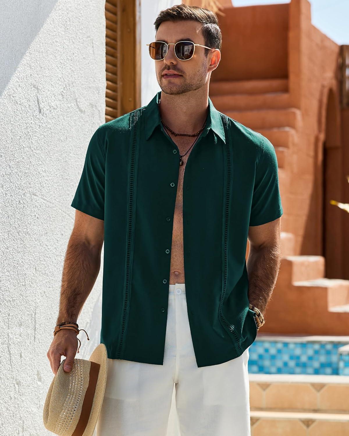 imageAlimens amp Gentle Mens Cuban Guayabera Shirt Short Sleeve Untucked Soild Button Down Shirts Beach Wedding Causal Vacation TopsDark Green