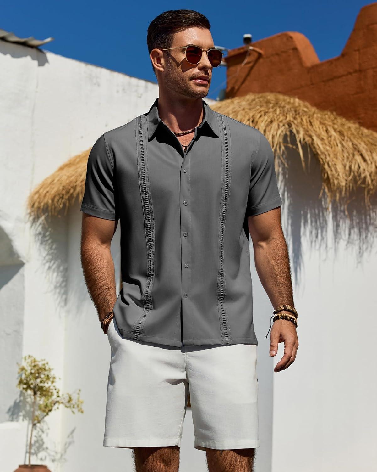imageAlimens amp Gentle Mens Cuban Guayabera Shirt Short Sleeve Untucked Soild Button Down Shirts Beach Wedding Causal Vacation TopsDeep Grey