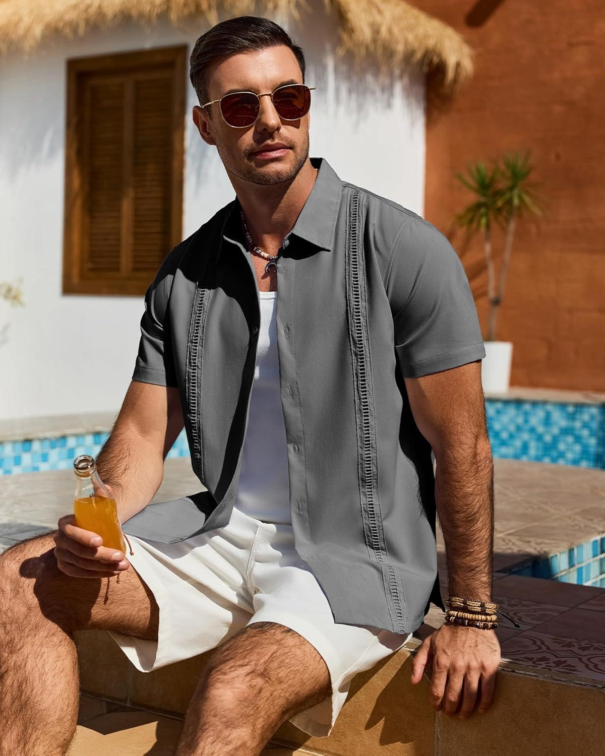 imageAlimens amp Gentle Mens Cuban Guayabera Shirt Short Sleeve Untucked Soild Button Down Shirts Beach Wedding Causal Vacation TopsDeep Grey