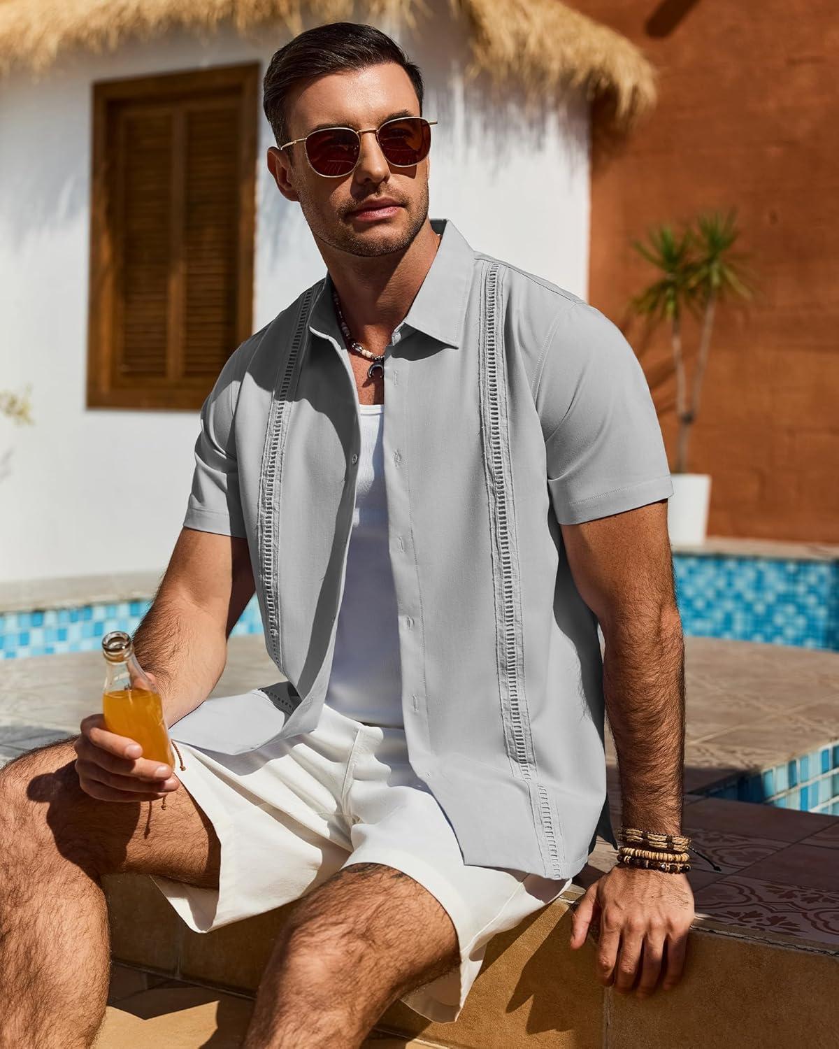 imageAlimens amp Gentle Mens Cuban Guayabera Shirt Short Sleeve Untucked Soild Button Down Shirts Beach Wedding Causal Vacation TopsLight Grey