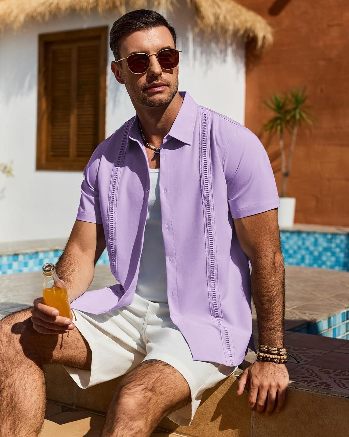 imageAlimens amp Gentle Mens Cuban Guayabera Shirt Short Sleeve Untucked Soild Button Down Shirts Beach Wedding Causal Vacation TopsLight Purple