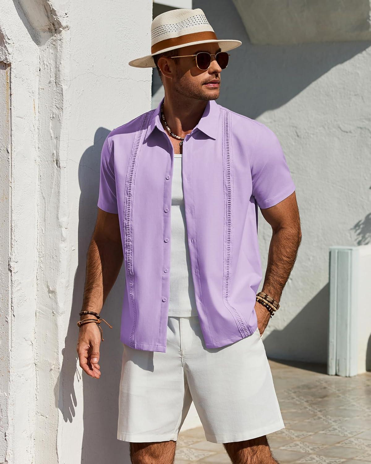 imageAlimens amp Gentle Mens Cuban Guayabera Shirt Short Sleeve Untucked Soild Button Down Shirts Beach Wedding Causal Vacation TopsLight Purple