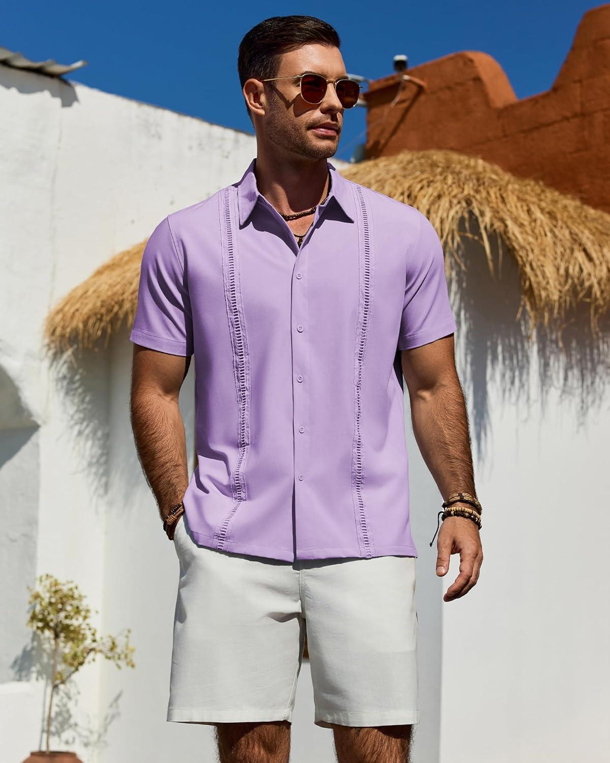 imageAlimens amp Gentle Mens Cuban Guayabera Shirt Short Sleeve Untucked Soild Button Down Shirts Beach Wedding Causal Vacation TopsLight Purple