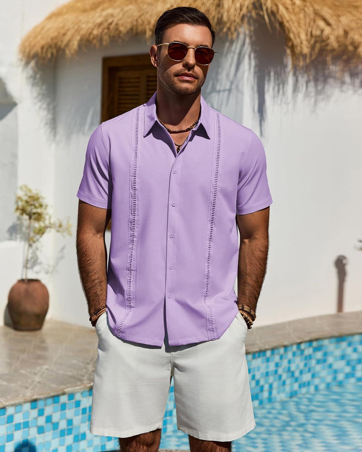 imageAlimens amp Gentle Mens Cuban Guayabera Shirt Short Sleeve Untucked Soild Button Down Shirts Beach Wedding Causal Vacation TopsLight Purple