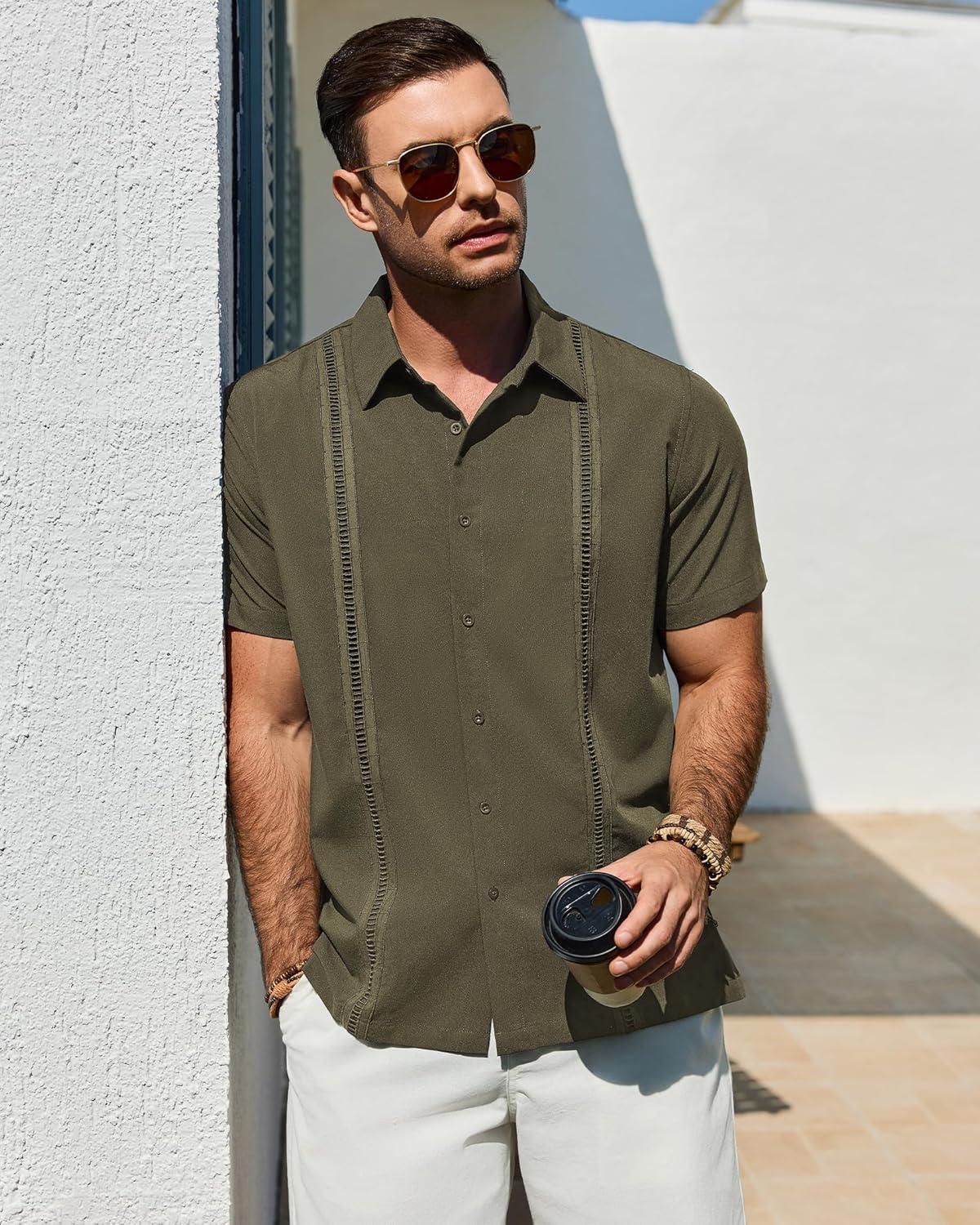 imageAlimens amp Gentle Mens Cuban Guayabera Shirt Short Sleeve Untucked Soild Button Down Shirts Beach Wedding Causal Vacation TopsOlive Green