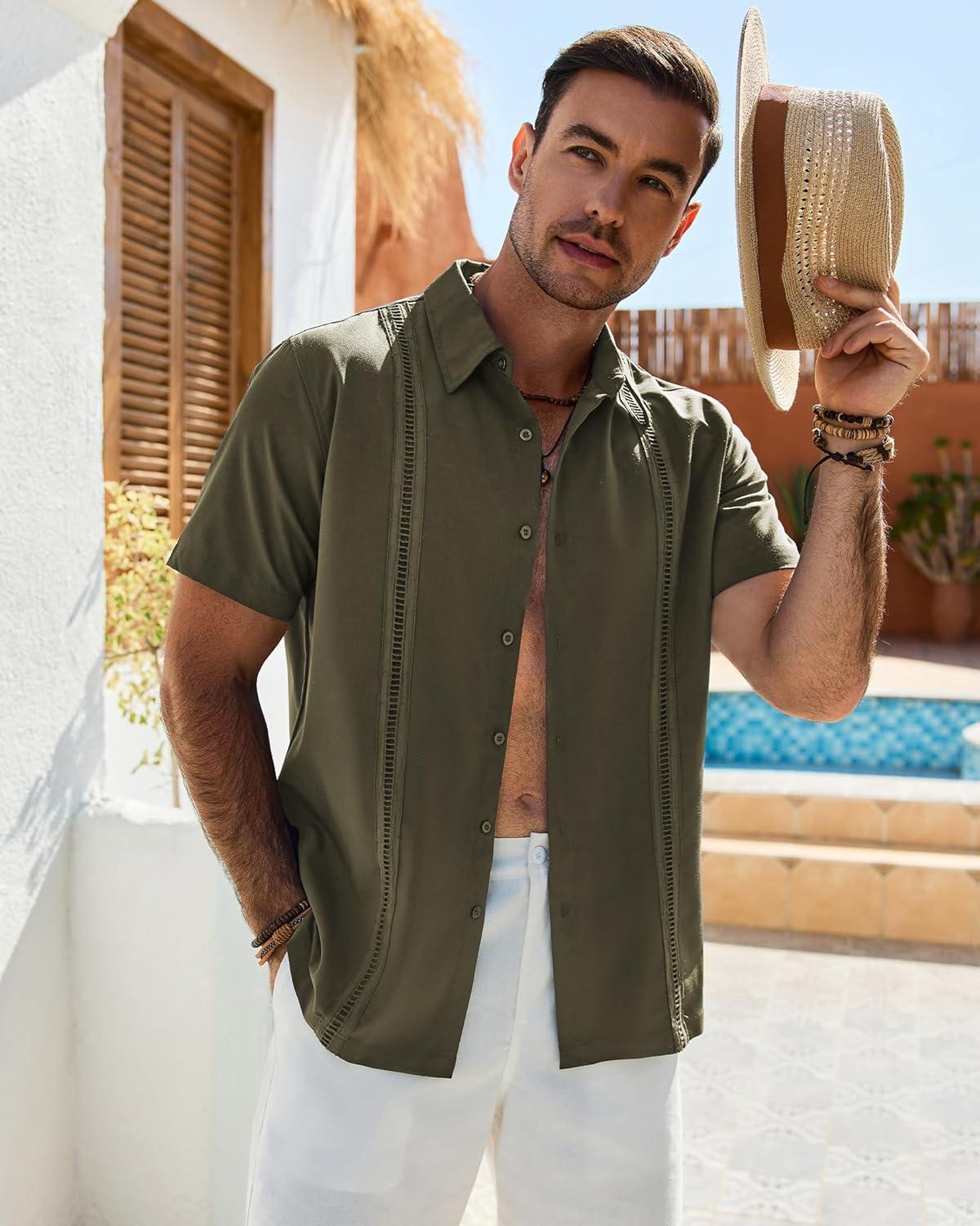 imageAlimens amp Gentle Mens Cuban Guayabera Shirt Short Sleeve Untucked Soild Button Down Shirts Beach Wedding Causal Vacation TopsOlive Green
