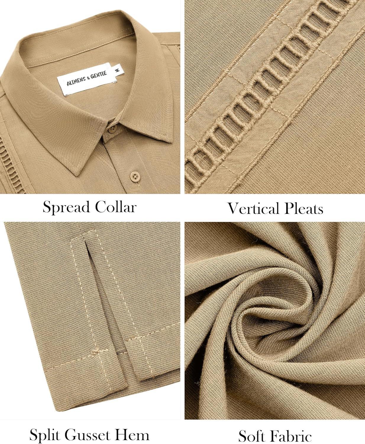 imageAlimens amp Gentle Mens Cuban Guayabera Shirt Short Sleeve Untucked Soild Button Down Shirts Beach Wedding Causal Vacation TopsTan